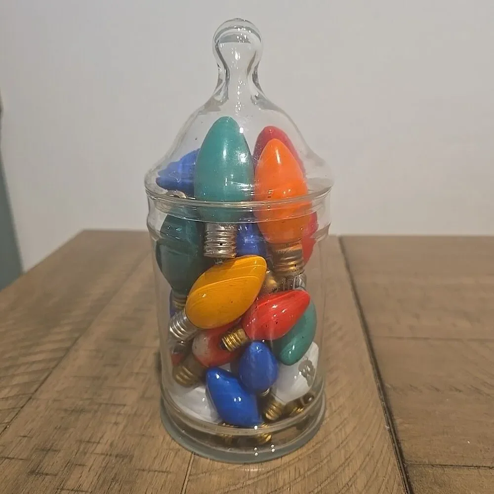Vintage Christmas Bulbs in Apothocary Jar Red Orange Blue Green White Colorful